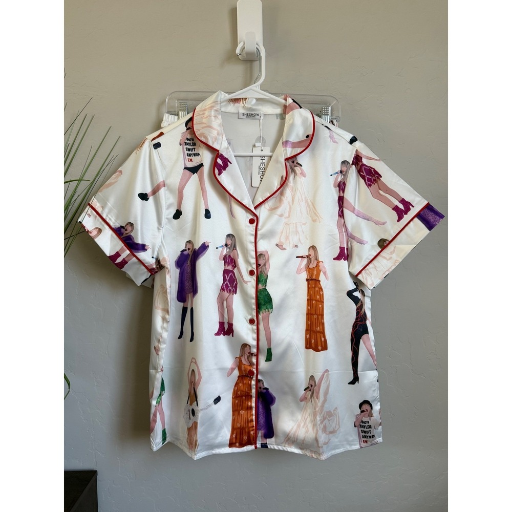 SheShow Eras Concert Satin Pajama Set Short Sleeve Button Down Shorts White S